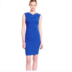 ADRIANNA PAPEL | Asymmetrical neck, lapsis blue sheath dress, ruched waist, sz 4